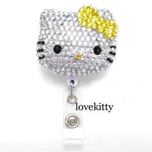 Yellow Hello Kitty Blinged Rhinestone Retractable ID Badge Reel Holder